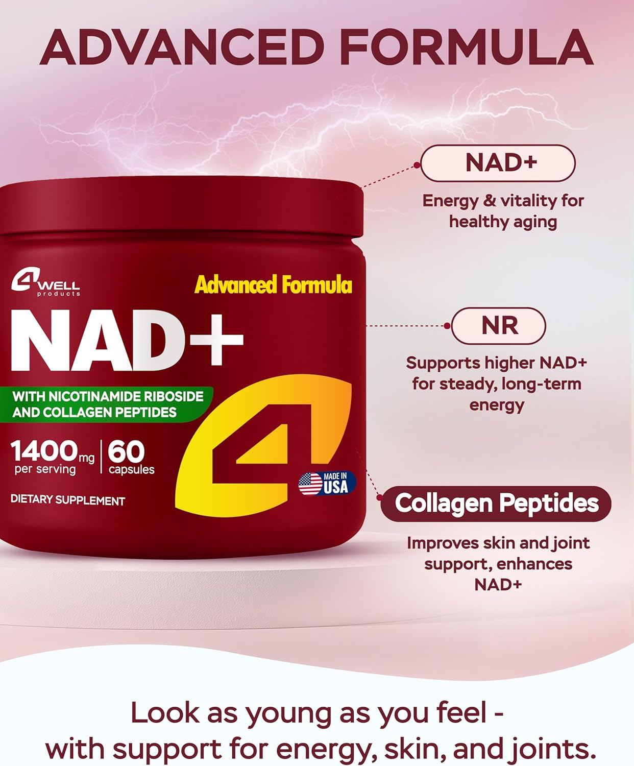 NAD Plus Supplement 1400mg with Nicotinamide Riboside & Collagen