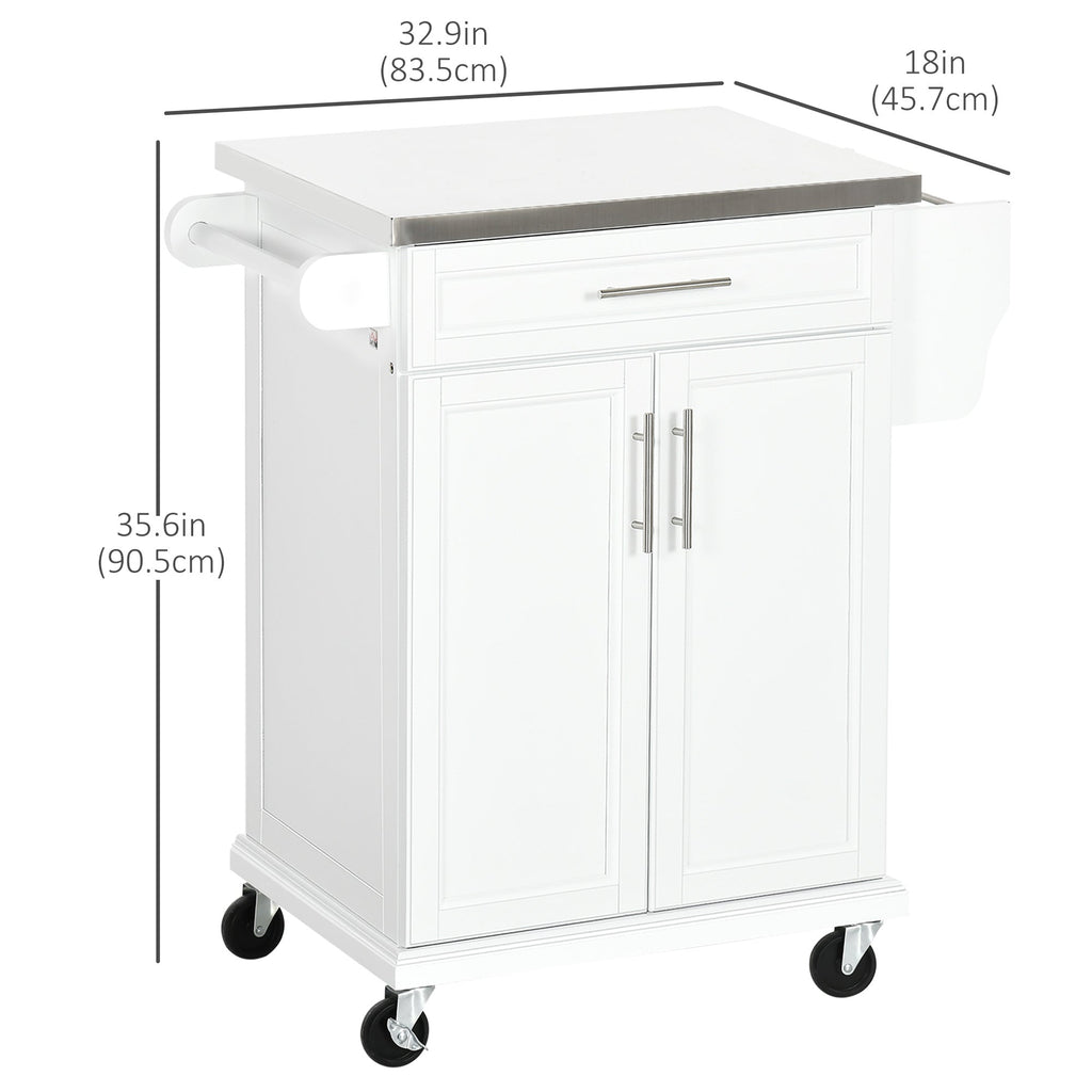 Rolling Kitchen Island with Stainless Steel Top - White