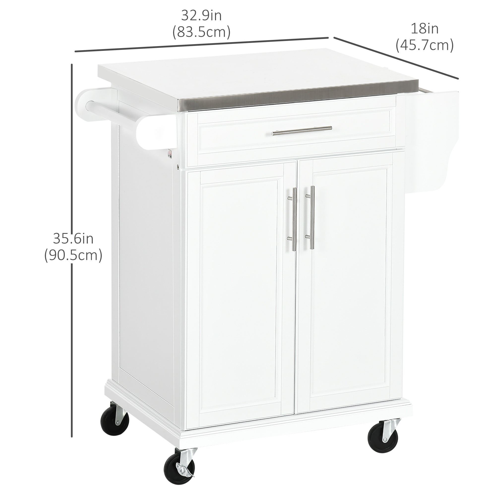 Rolling Kitchen Island with Stainless Steel Top - White