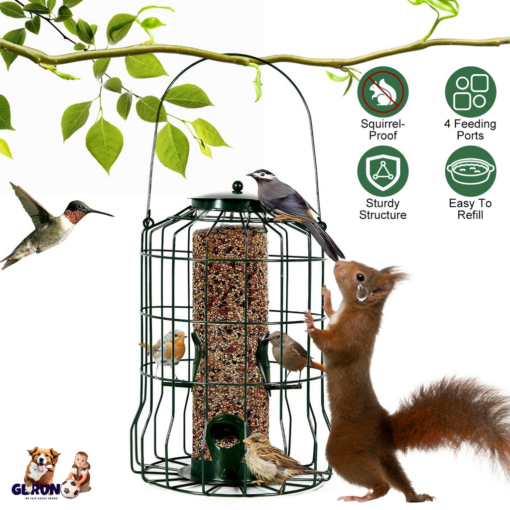 Outdoor Wild Bird Feeder Squirrel-Proof Chew-Proof Metal Hanging Seed Feeder with 4 Feeding Ports for Small Songbirds