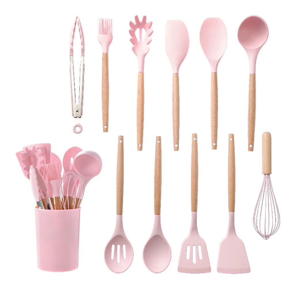 Silicone Kitchen Utensil Set With Wooden Handles Nonstick Spatulas Ladle