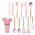 Silicone Kitchen Utensil Set With Wooden Handles Nonstick Spatulas Ladle