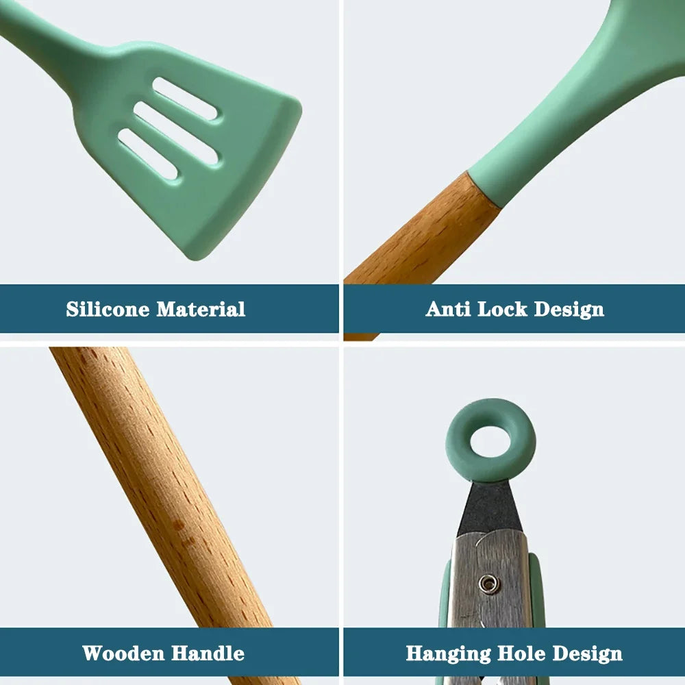 Silicone Kitchen Utensil Set With Wooden Handles Nonstick Spatulas Ladle