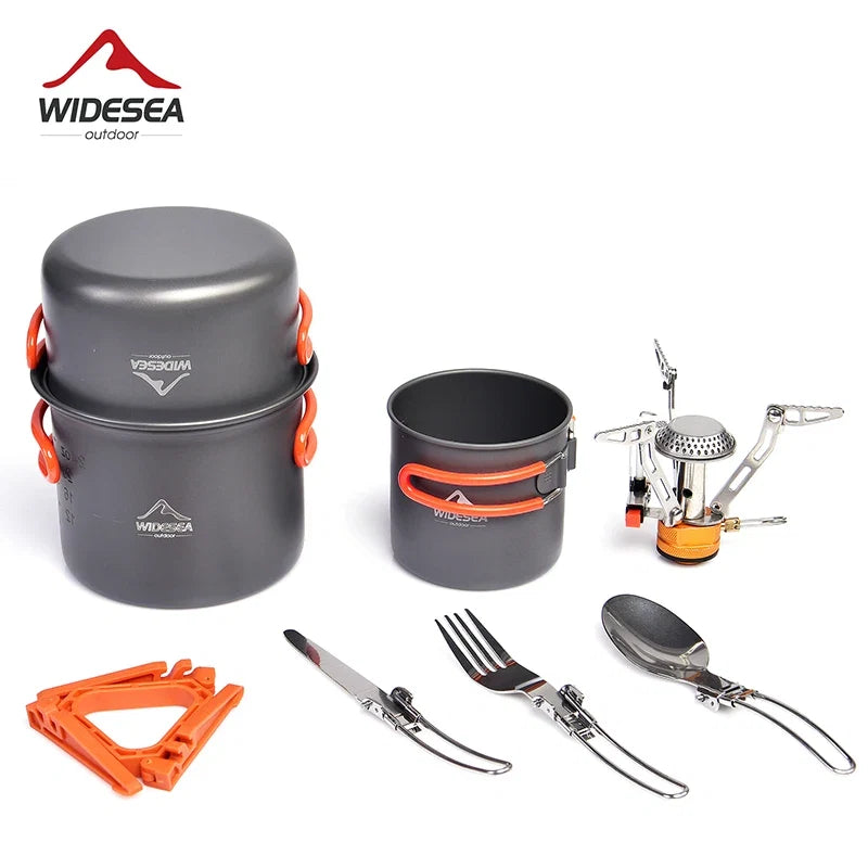 Widesea Camping Cookware Set Portable Pot Stove Knife Fork Cup