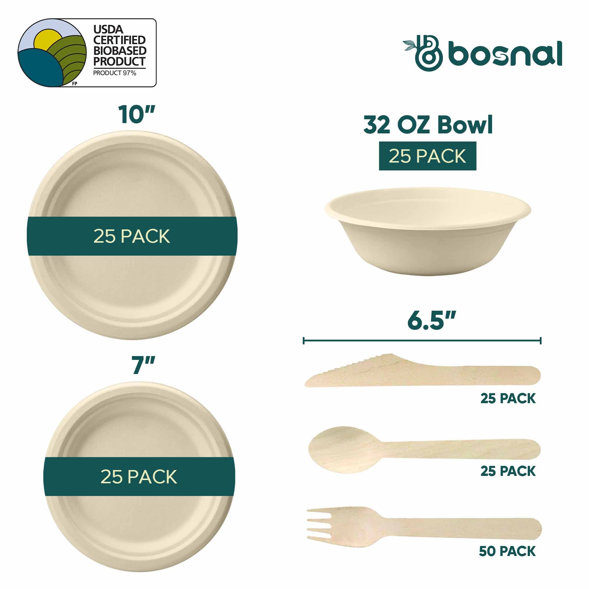10 Inch & 7 Inch Round Plates with 32 oz Bowls, 100% Plant-Based Sugarcane Bagasse, Compostable, Microwave Safe Dinnerware