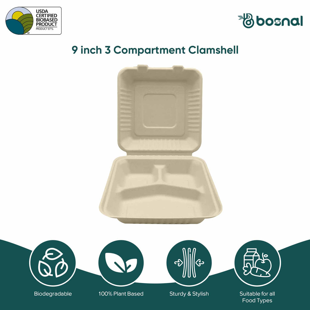 9 Inch Square 3-Compartment Sugarcane Bagasse Compostable Clamshell Boxes, Microwave Safe, Eco-Friendly, Leak-Resistant
