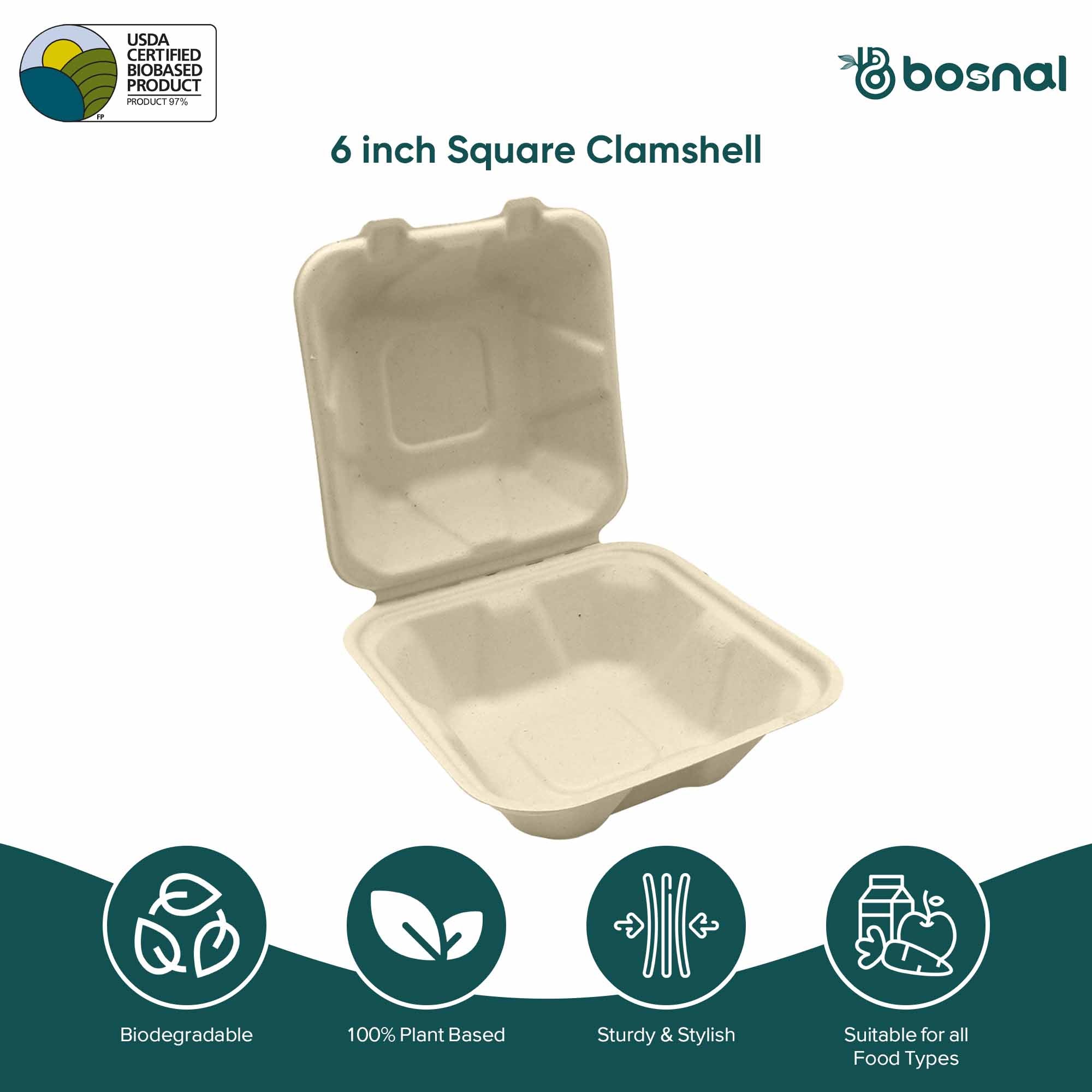 6 Inch Compostable Square Clamshell Containers, 500 Pcs, 100% Sugarcane Bagasse, Microwave Safe, BPA-Free, Eco-Friendly Takeout Boxes