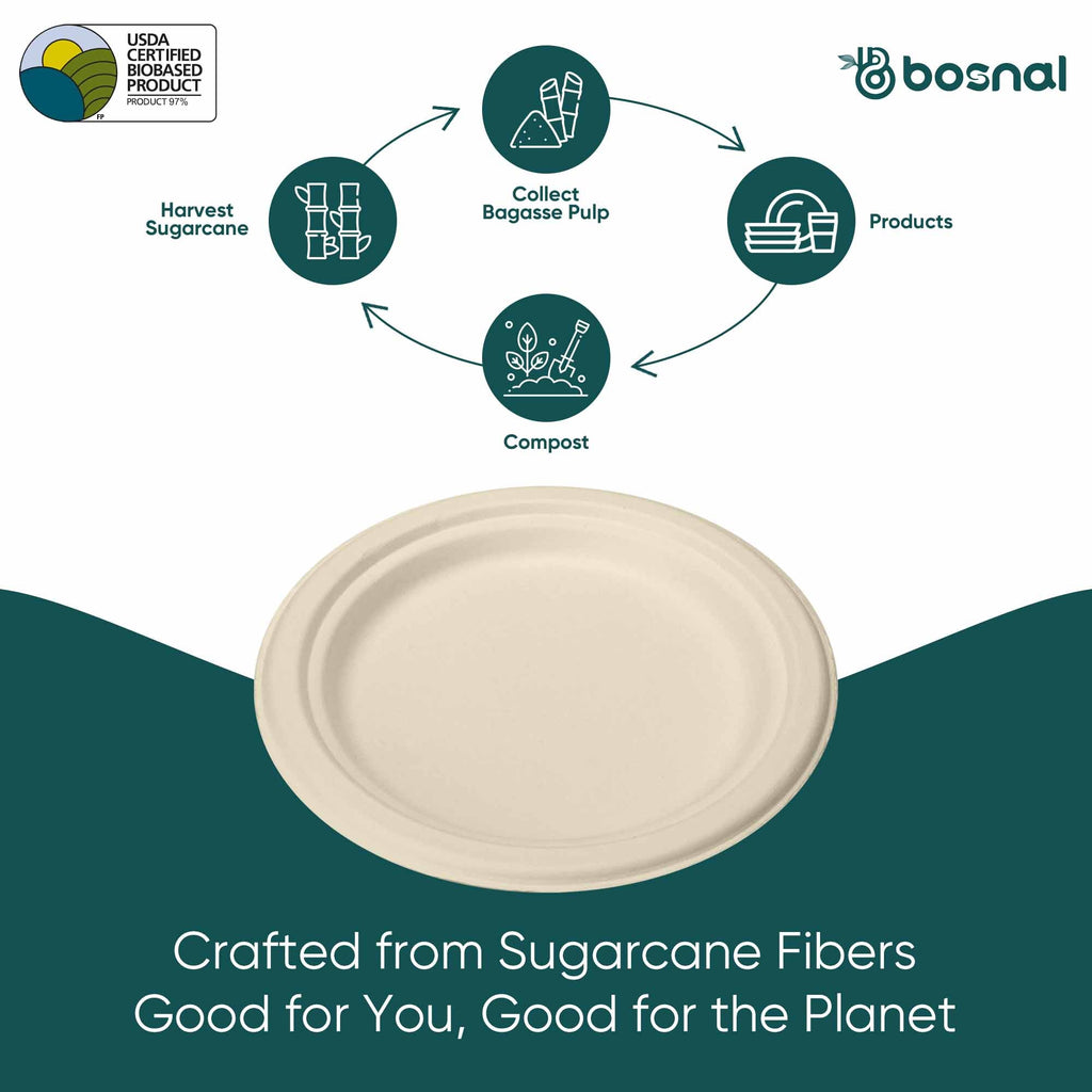 7 Inch Round Compostable Plates – 500 Pcs, 100% Sugarcane Bagasse, Eco-Friendly Disposable Plates for Hot & Cold Meals, Microwave Safe, BPA-Free, Sturdy