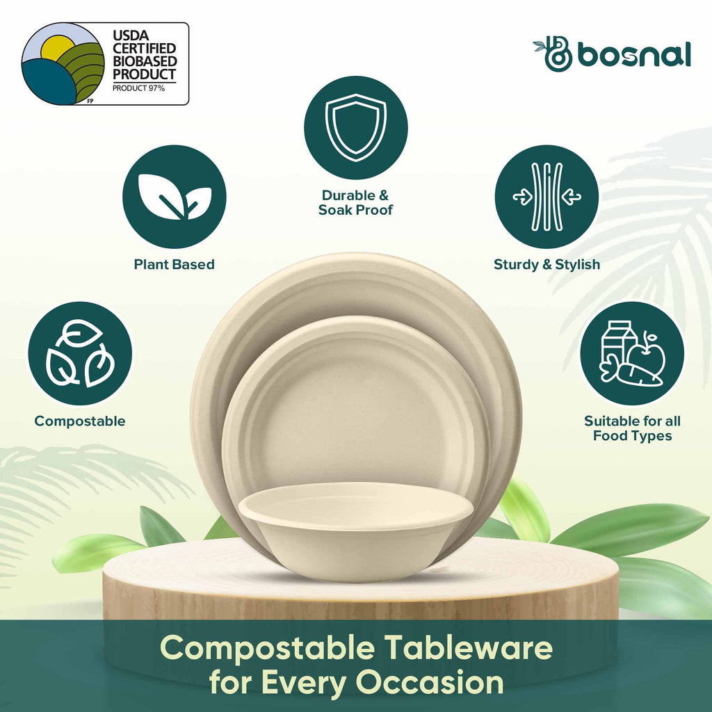 10 Inch & 7 Inch Round Plates with 16 oz Bowls, 100% Plant-Based Sugarcane Bagasse, Compostable, Microwave Safe Dinnerware