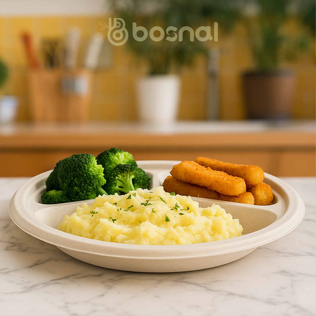 10 Inch Round 3-Compartment Compostable Plates, 100% Sugarcane Bagasse, Eco-Friendly, Microwave Safe, BPA-Free, Leak-Resistant