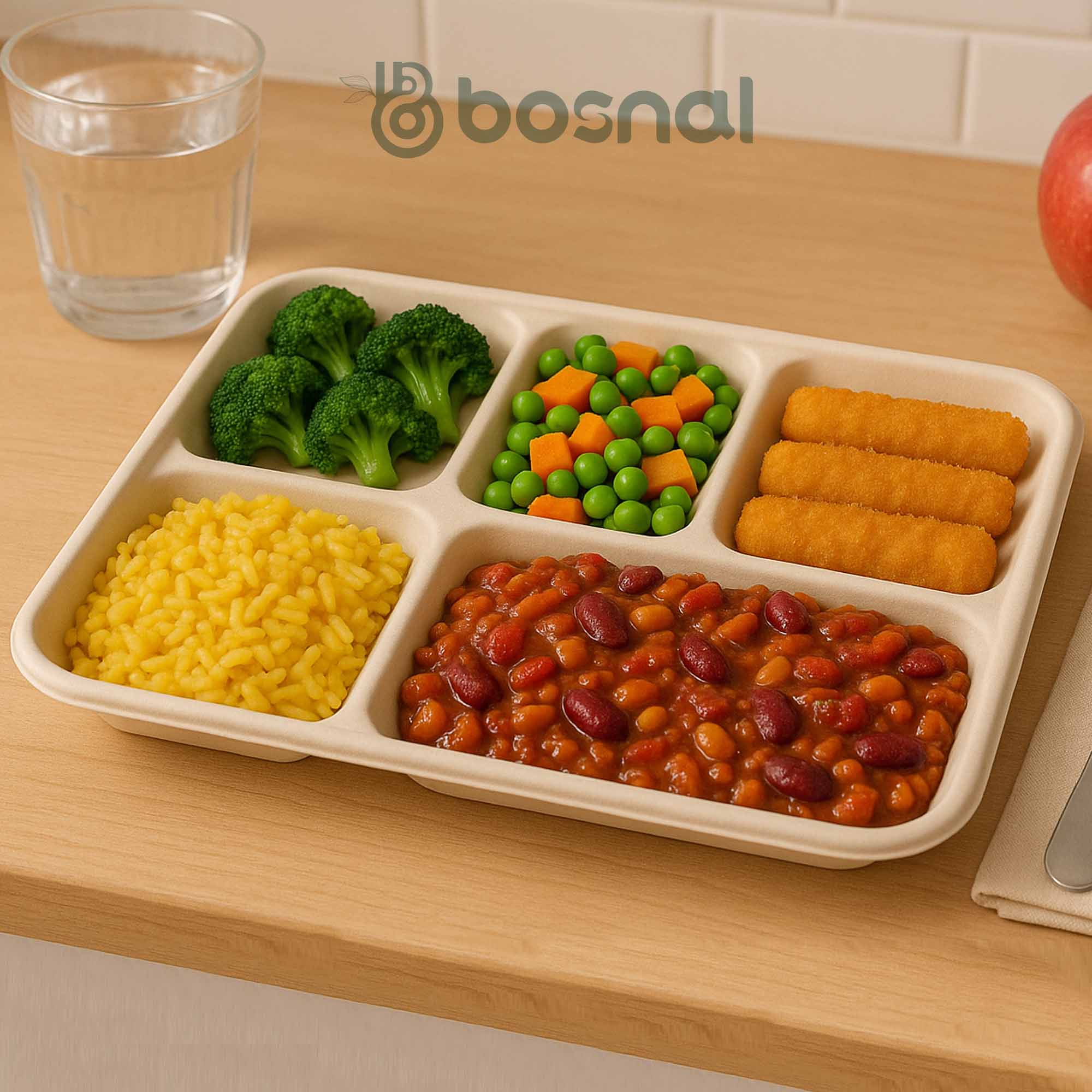 5 Compartment Compostable Trays, 400 Pcs, 100% Sugarcane Bagasse, Eco-Friendly Meal Trays, Microwave Safe, BPA-Free, Sturdy