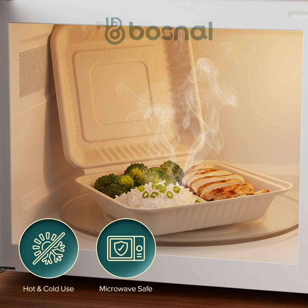9 Inch 3-Compartment Clamshell Boxes 200 Pcs, 100% Sugarcane Bagasse, Eco-Friendly Takeout Containers, Microwave Safe, BPA-Free