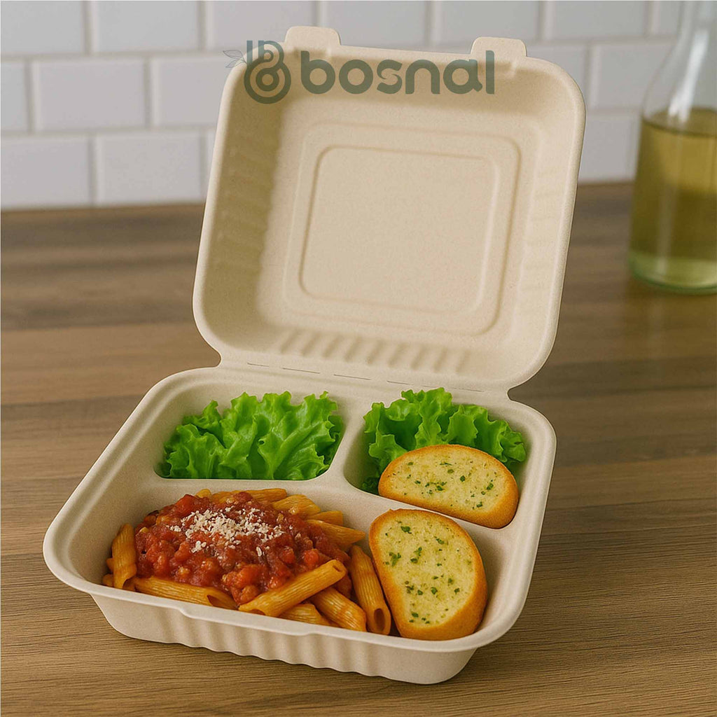 9 Inch Square 3-Compartment Sugarcane Bagasse Compostable Clamshell Boxes, Microwave Safe, Eco-Friendly, Leak-Resistant
