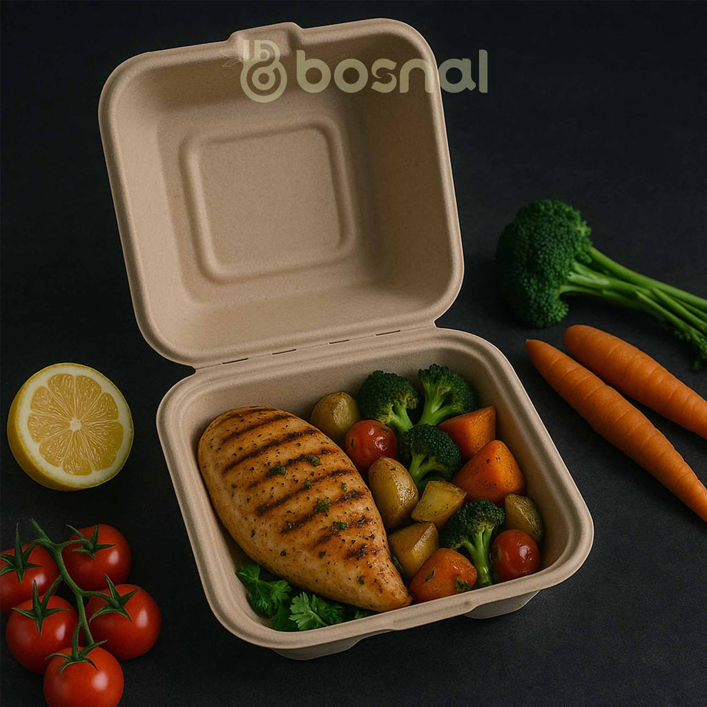 6 Inch Compostable Square Clamshell Containers, 500 Pcs, 100% Sugarcane Bagasse, Microwave Safe, BPA-Free, Eco-Friendly Takeout Boxes