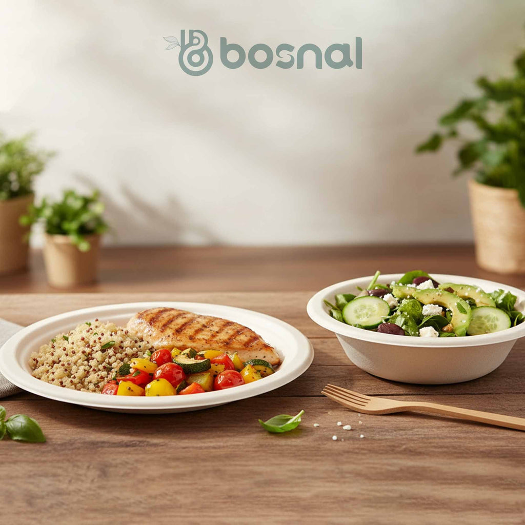 10 Inch Round Plates with 16 oz Bowls, 100% Plant-Based Sugarcane Bagasse, Compostable, Microwave Safe, Eco-Friendly Dinnerware