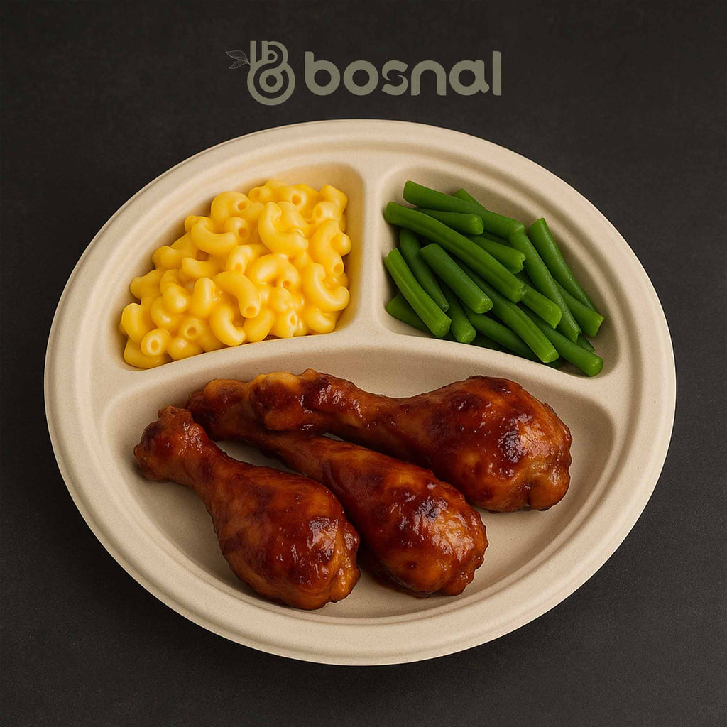 10 Inch Round 3-Compartment Compostable Plates, 500 Pcs, 100% Sugarcane Bagasse, Microwave Safe, BPA-Free, Leak-Resistant