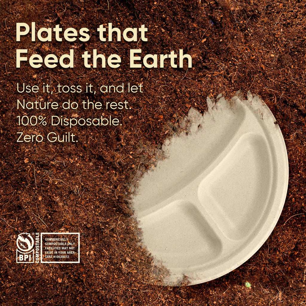 10 Inch Round 3-Compartment Compostable Plates, 500 Pcs, 100% Sugarcane Bagasse, Microwave Safe, BPA-Free, Leak-Resistant