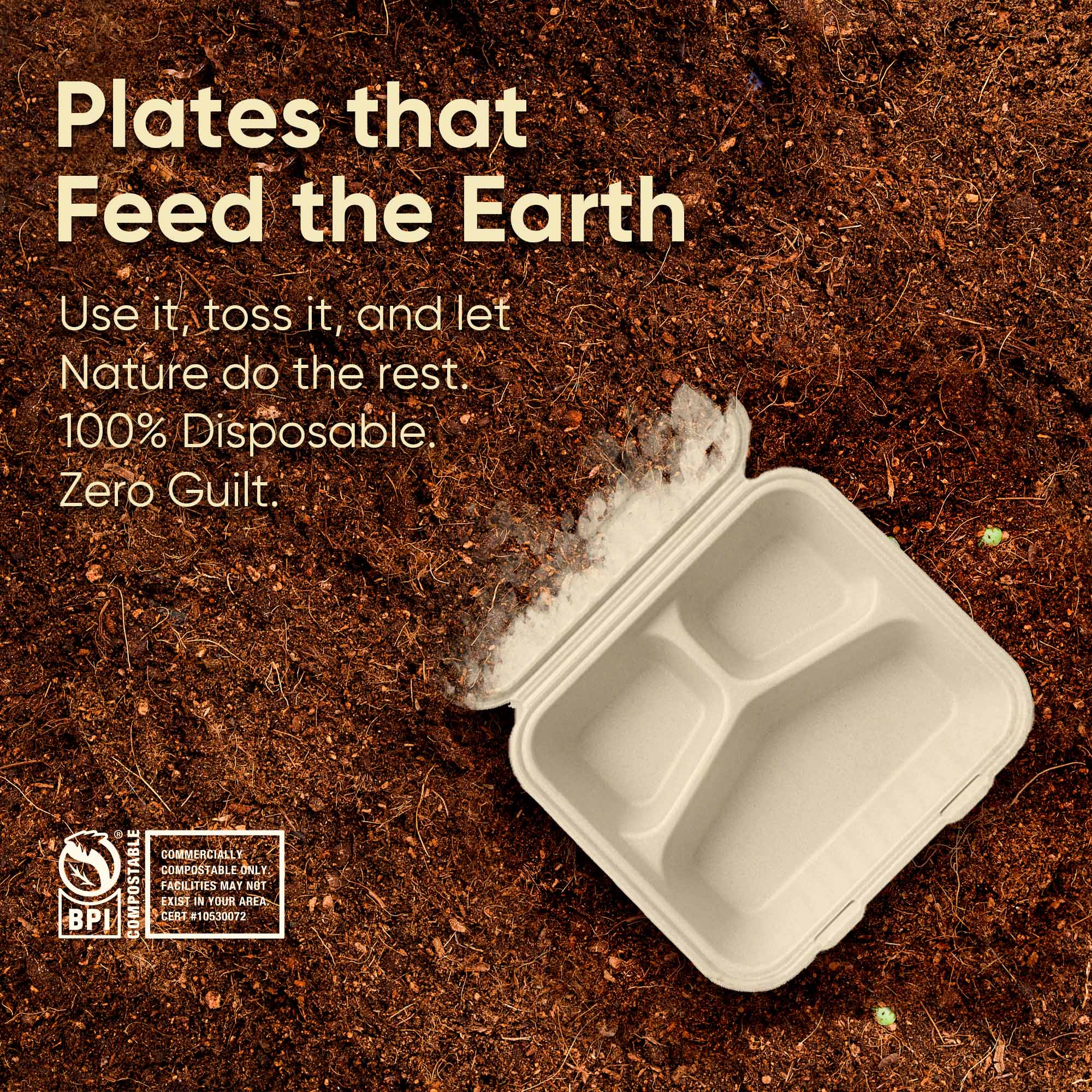 9 Inch 3-Compartment Clamshell Boxes 200 Pcs, 100% Sugarcane Bagasse, Eco-Friendly Takeout Containers, Microwave Safe, BPA-Free