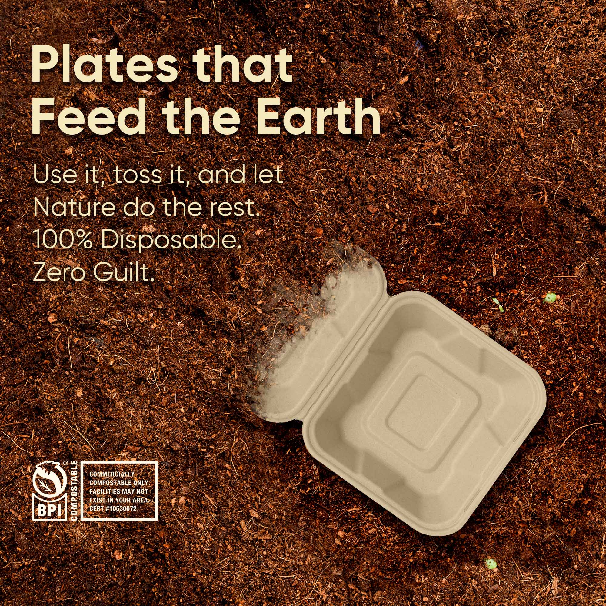 6 Inch Compostable Square Clamshell Containers, 500 Pcs, 100% Sugarcane Bagasse, Microwave Safe, BPA-Free, Eco-Friendly Takeout Boxes