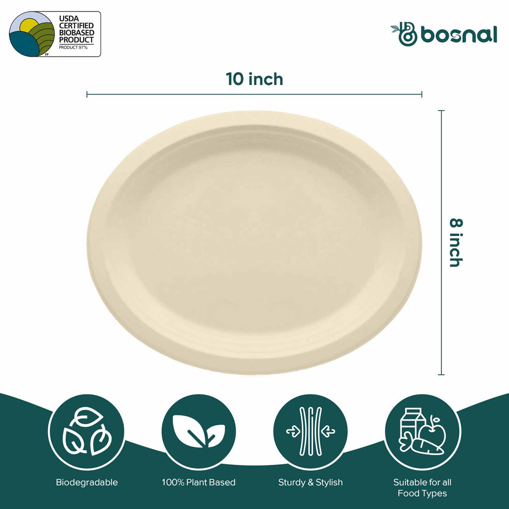 10 Inch Oval Bagasse Compostable Plates, Eco-Friendly Biodegradable Sugarcane Tableware, Durable for Parties & Everyday Use