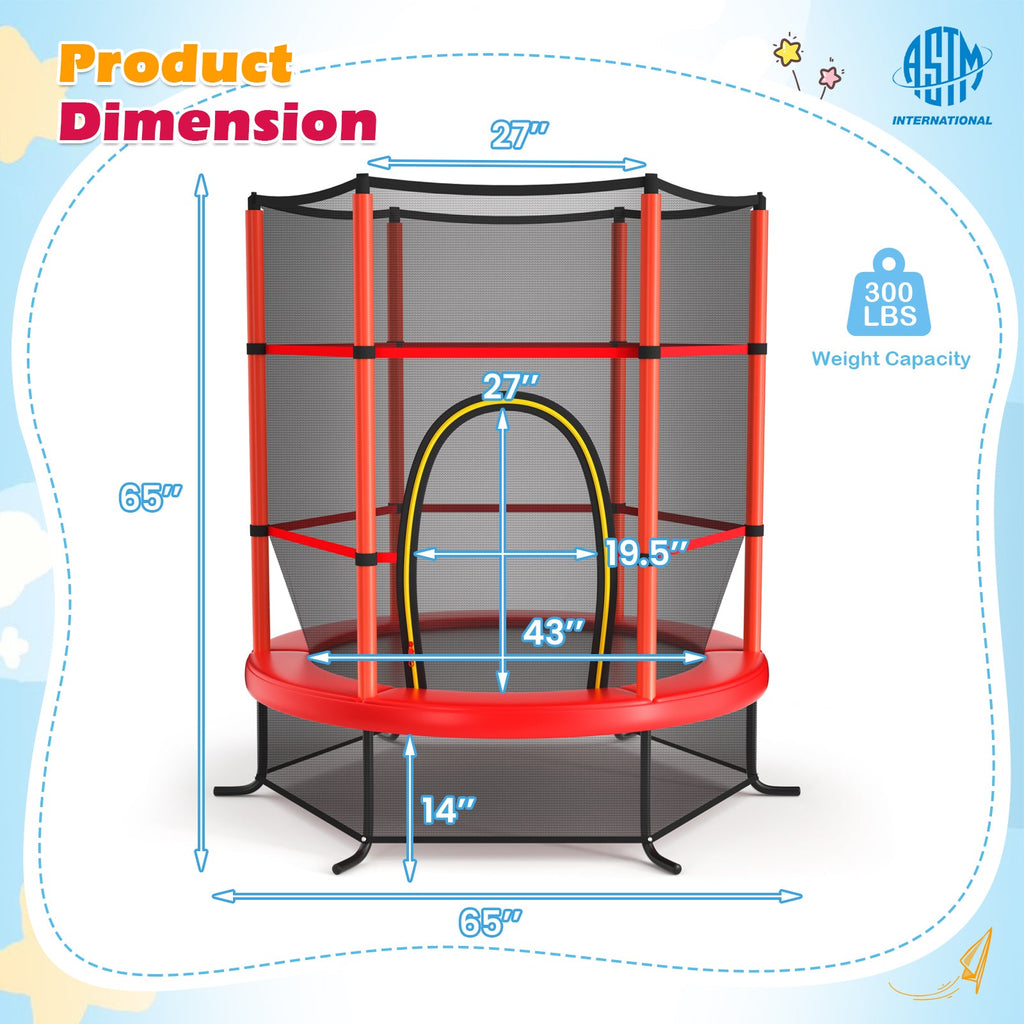 55 Inch Kids Recreational Trampoline Bouncing Jumping Mat with Enclosure Net-Red