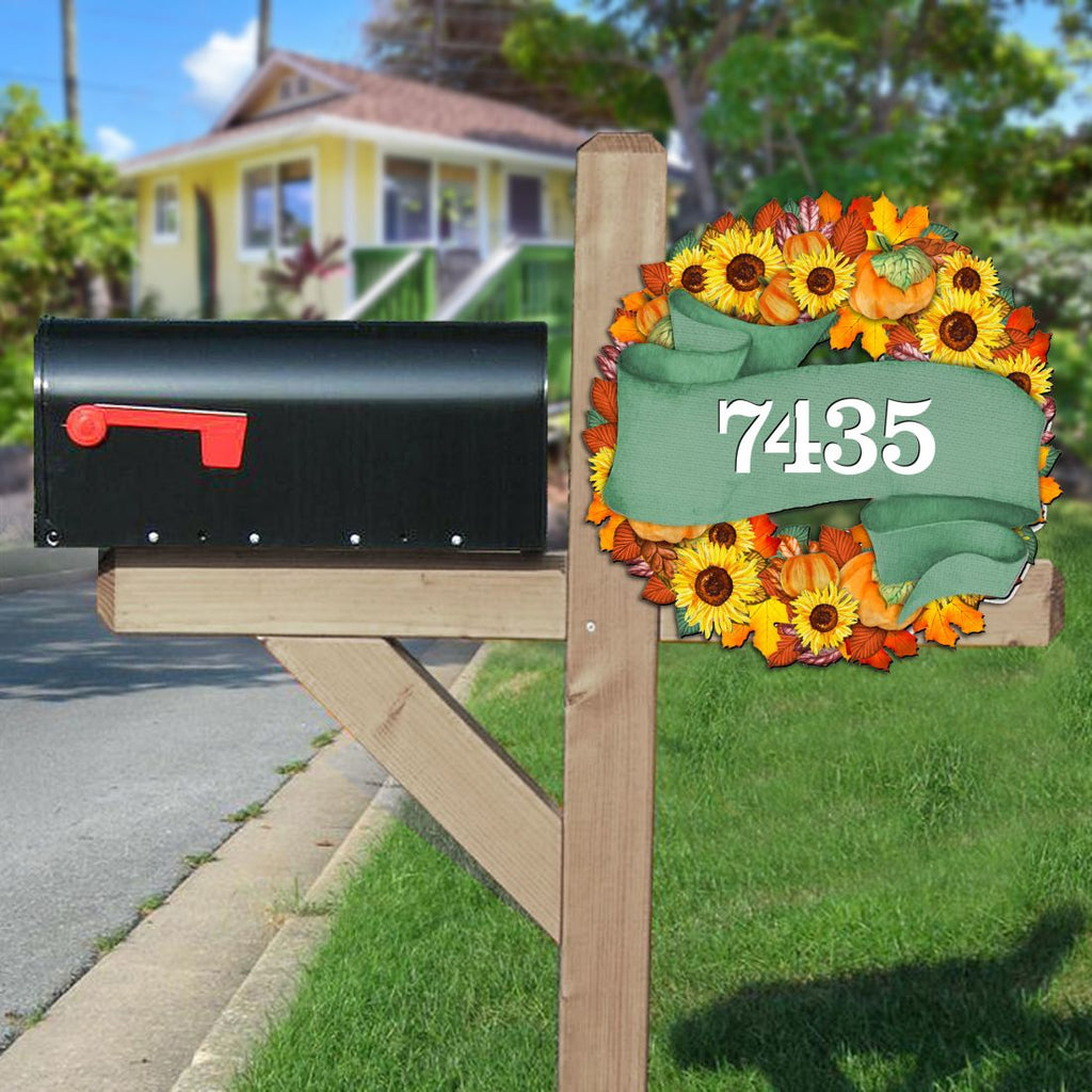 Sunflower Wreath Wooden House Number Sign by G. DeBrekht - Thanksgiving Halloween Décor - Handcrafted Wooden Handcrafted Wooden Handcrafted Wooden Address Sign - MA81853052