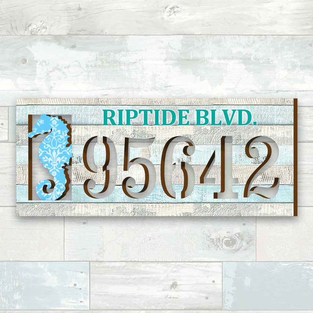 Handcrafted Seahorse Nautical Address Sign – Custom House Number & Street Name Plaque – Horizontal Address Plaque for Porch or Entryway MA989814-2