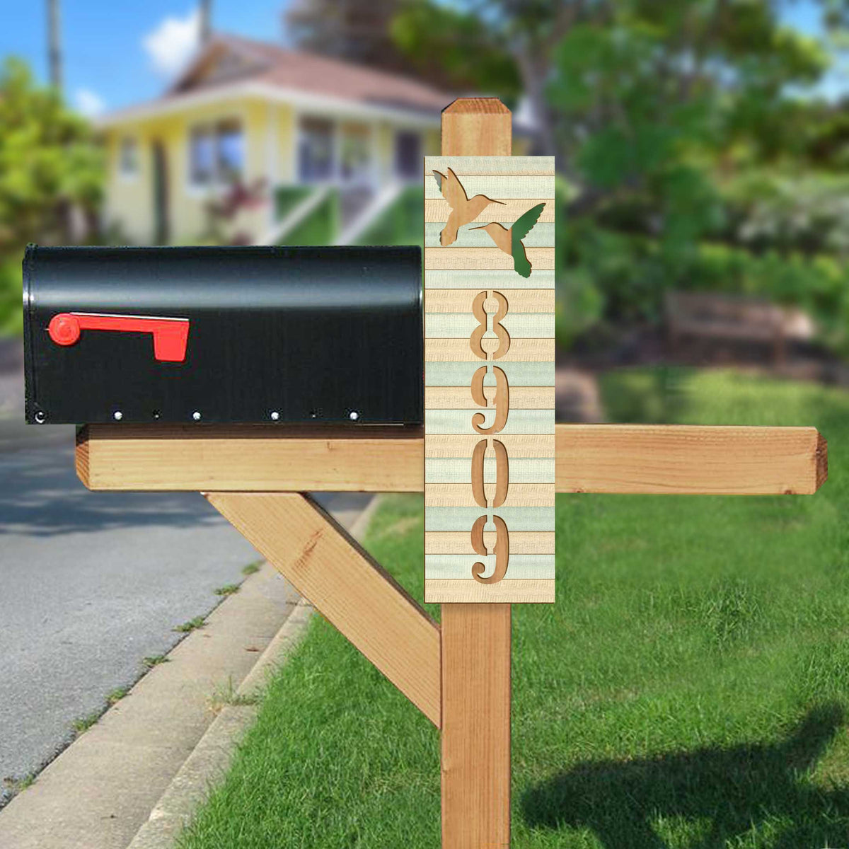 Hummingbird House Number Sign – Handcrafted Wooden Address Plaque for Mailbox Post or Porch – Custom Home Handcrafted Wooden Address Sign MA989830