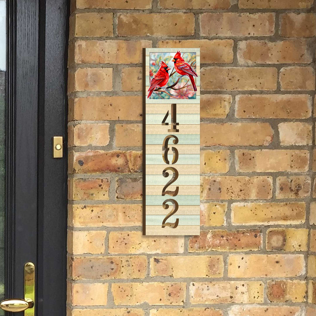Handcrafted Wooden House Number Sign with Cardinals – Vertical & Horizontal Address Plaque for Porch or Entryway MA989833