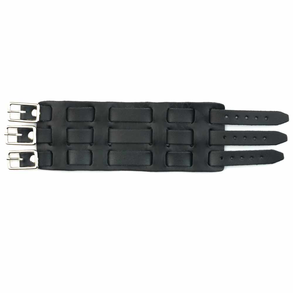 Three Strap Leather Wrist Cuff Watchband - Black
