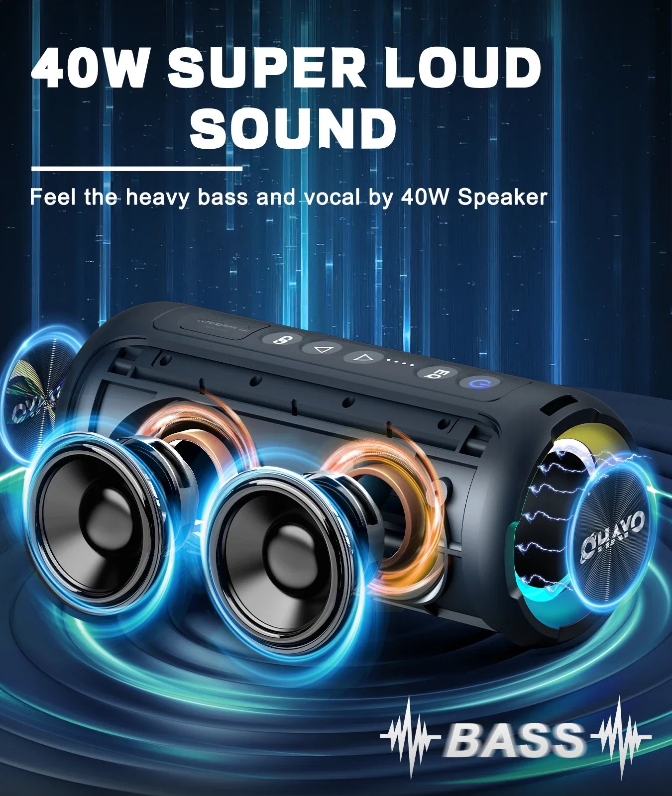 NNEOBA 40W Waterproof Bluetooth Speaker with LED Light (Black)