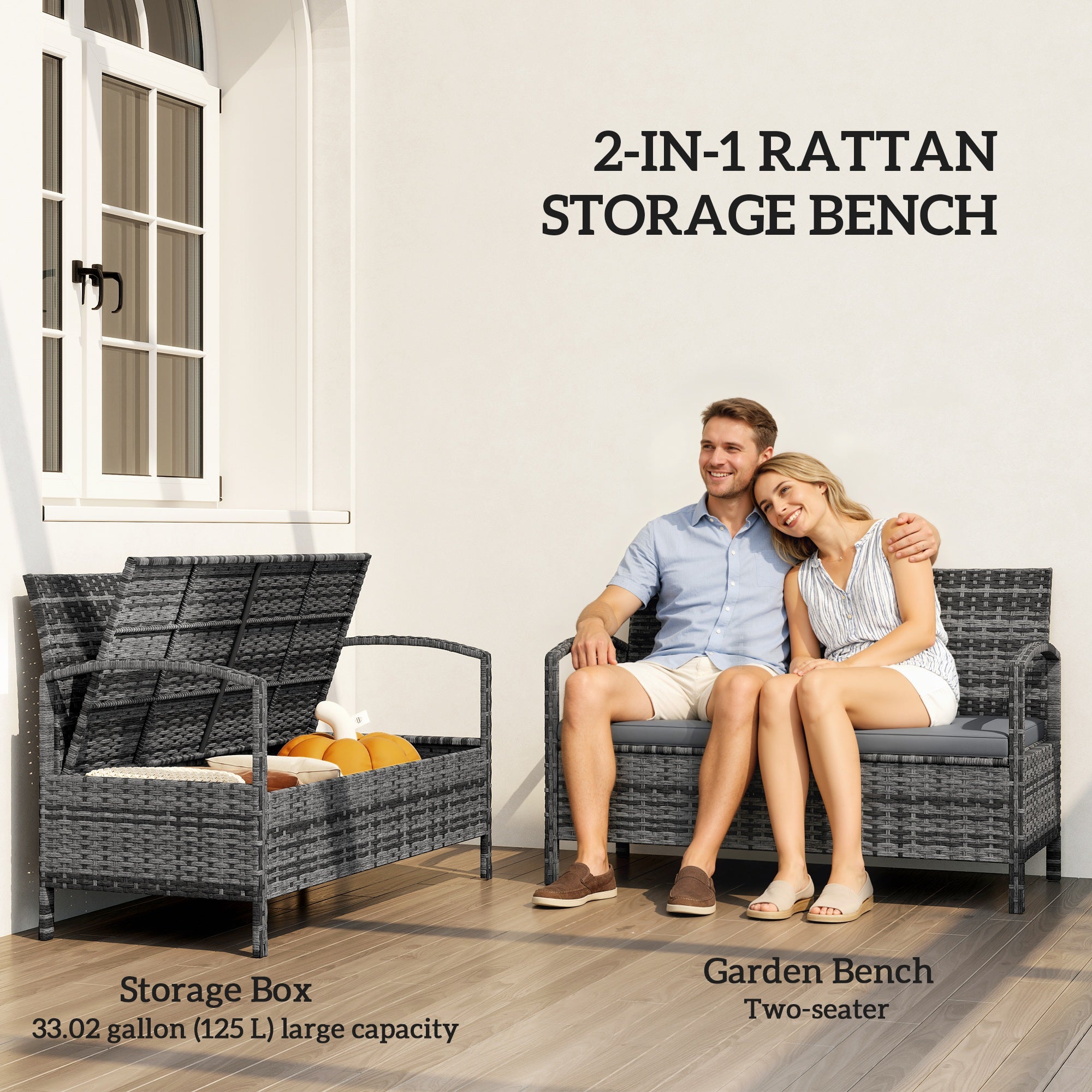 33 Gallon Wicker Deck Box Bench with Cushion