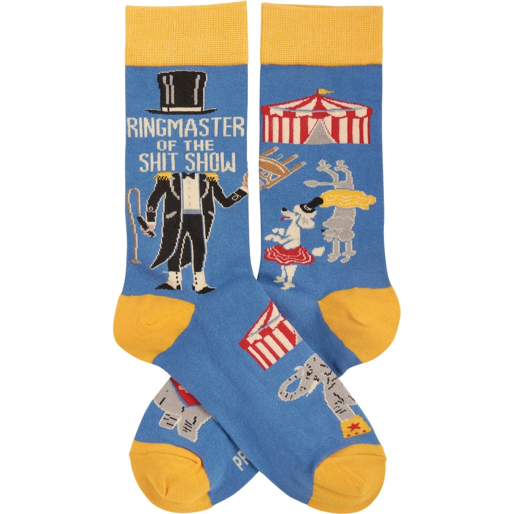 Ringmaster Of The Shit Show Funny Socks | Blue Circus Graphic Crew Socks