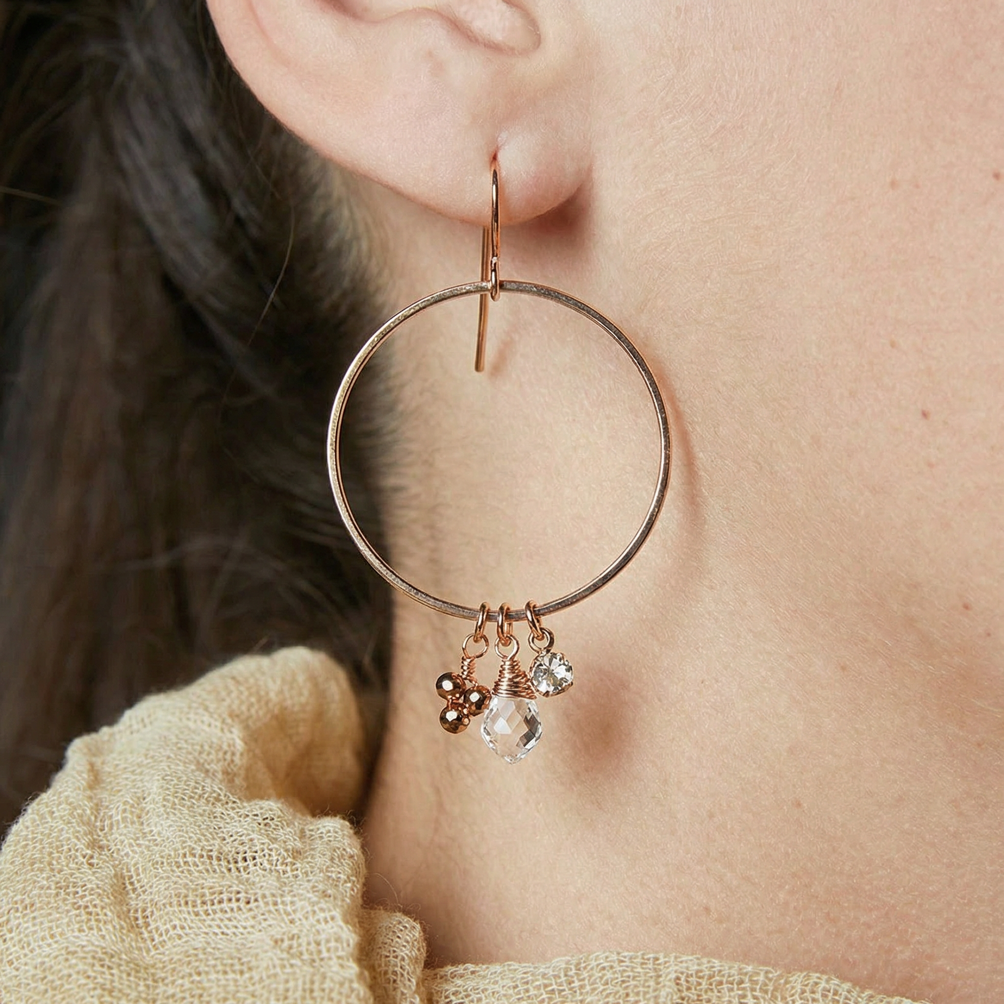 Rose Gold Dangle Hoops Earrings | Gemstones Jewelry