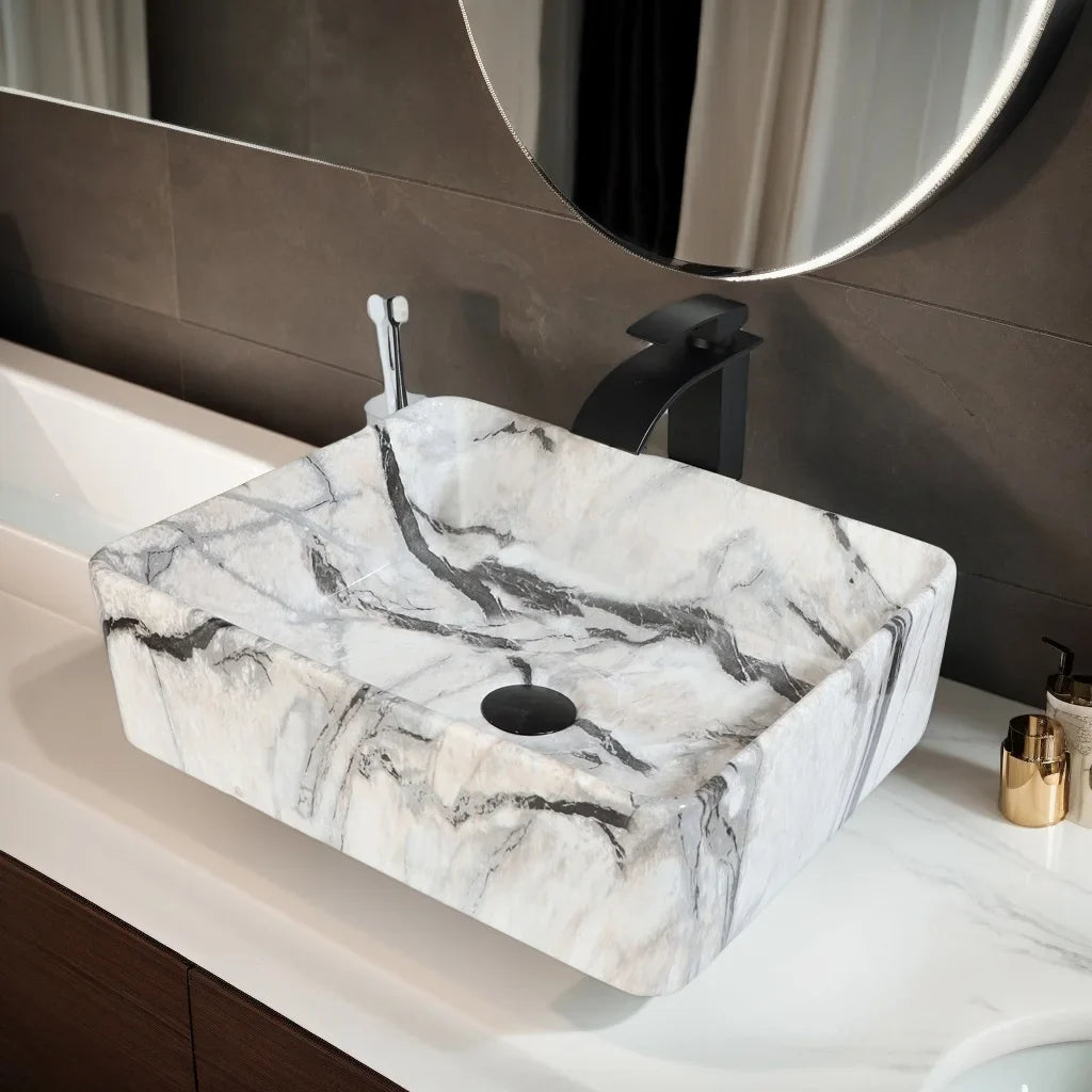 Torayvino Marble Pattern Ceramic Vessel Sink Set Matte Faucet
