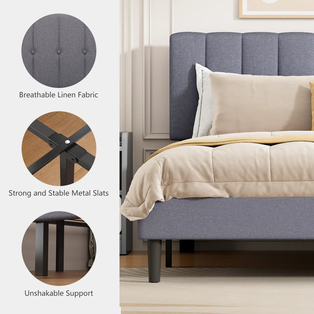 JHK Wooden Upholstered Platform Bed With Adjustable Headboard