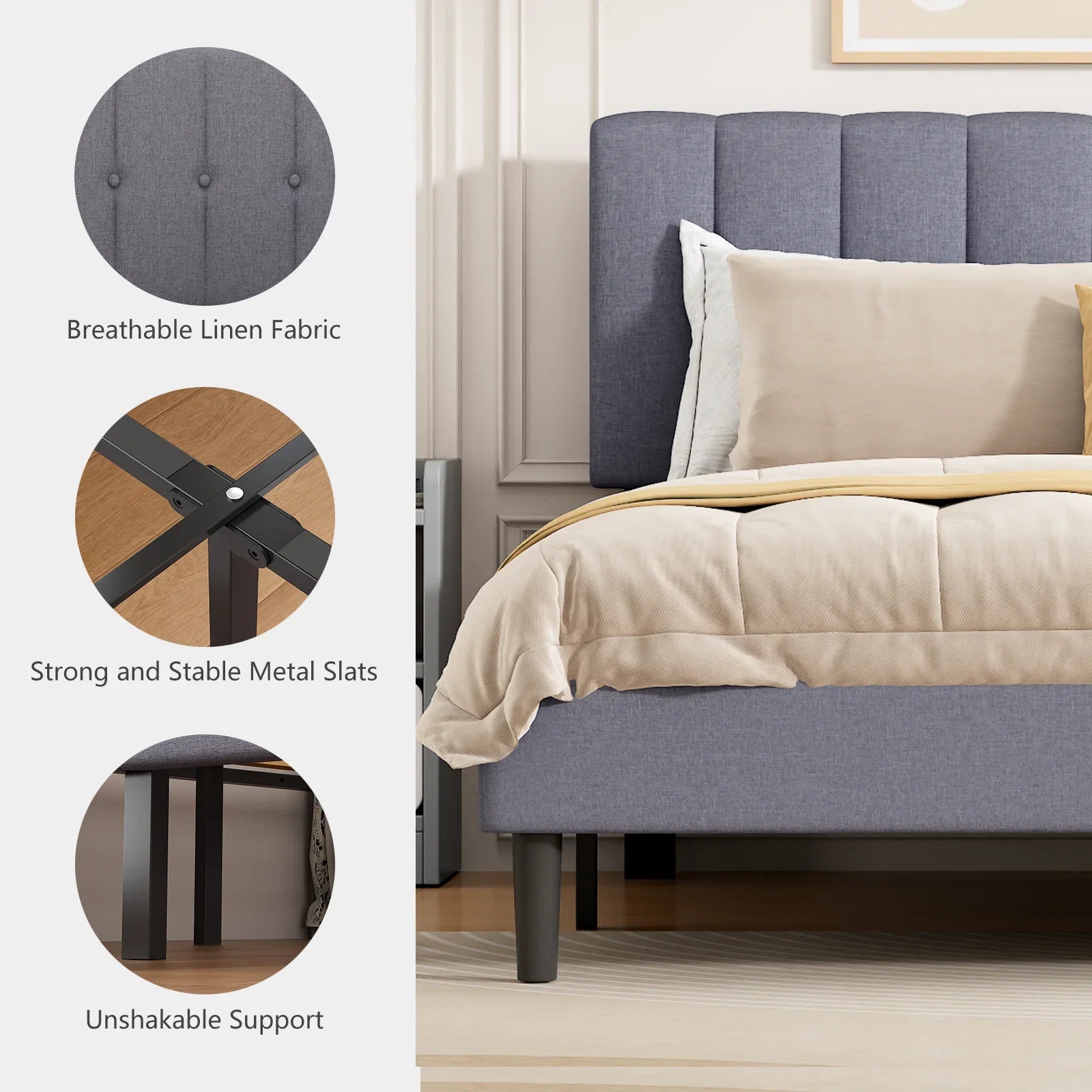 JHK Wooden Upholstered Platform Bed With Adjustable Headboard