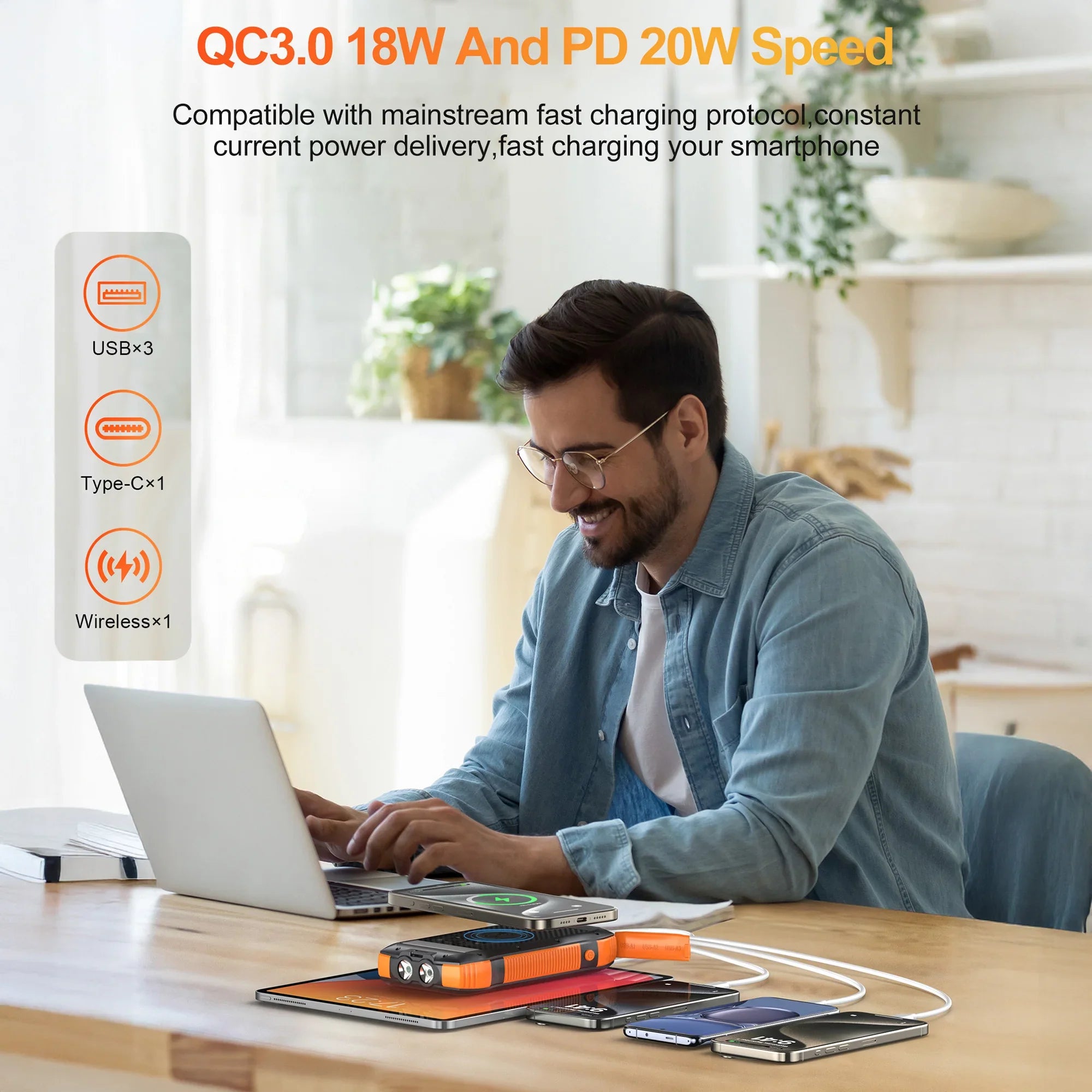 Solar Power Bank 33500mAh With 20W USBC PD Wireless Charging