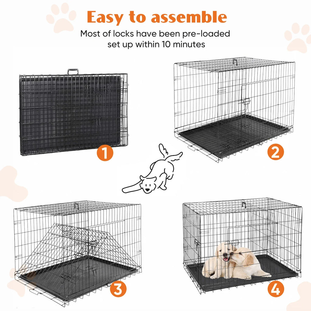 JHK Double Door Folding Dog Cage With Leakproof Pan