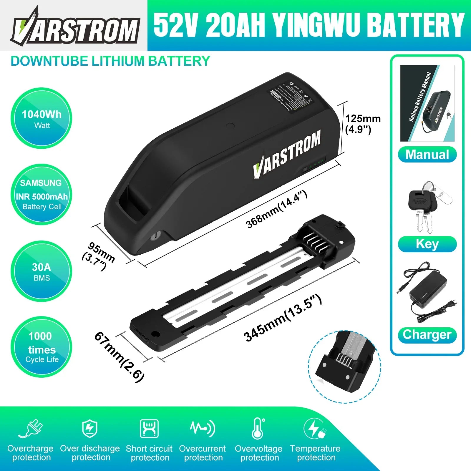 Varstrom Ebike Battery 48V 20Ah 40A BMS Downtube Pack