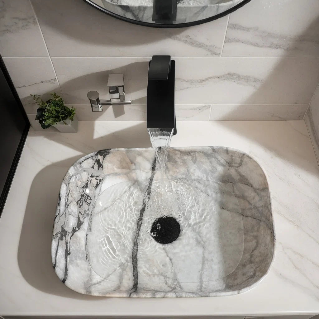 Torayvino Marble Pattern Ceramic Vessel Sink Set Matte Faucet