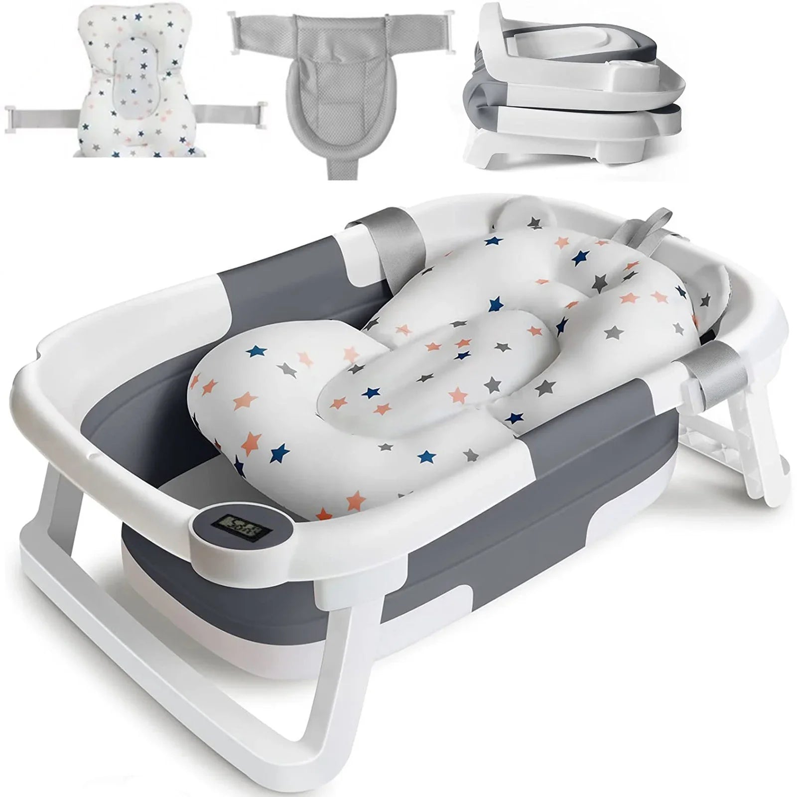 Foldable Baby Bath Tub With Cushion Thermometer Non Slip