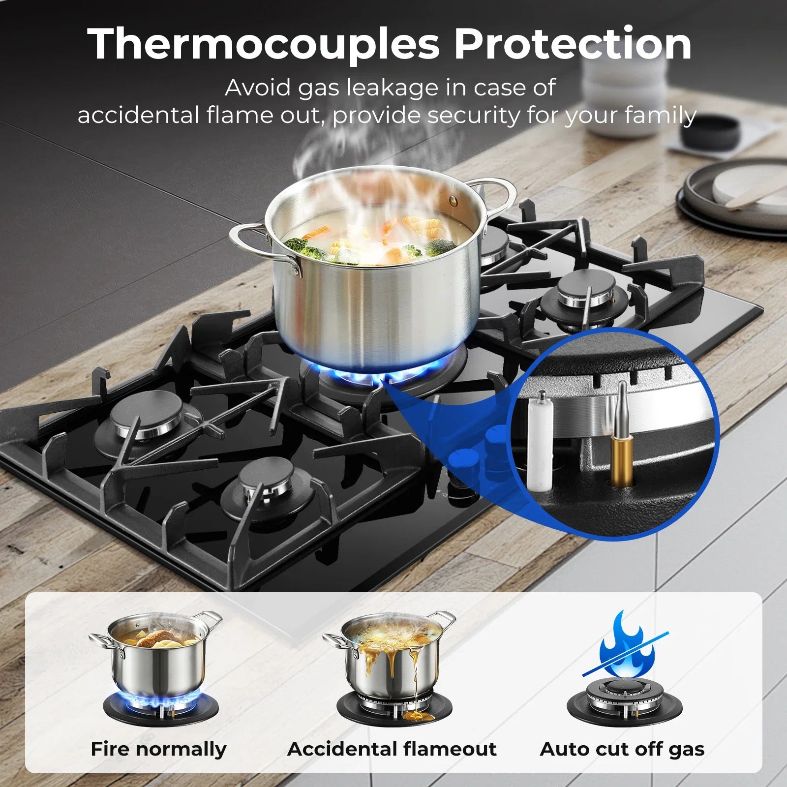 Tieasy Five-Burner Gas Cooktop Built-In NG LPG Thermocouple Protection