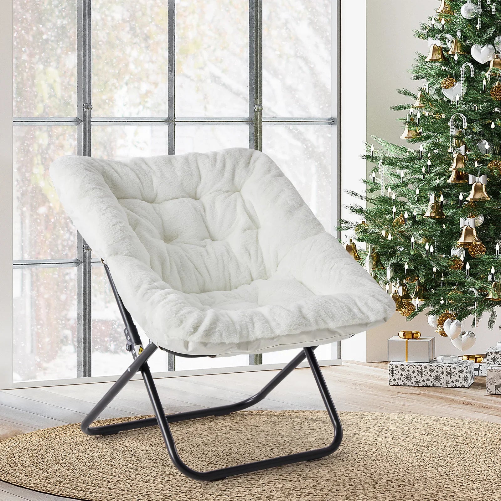 JHK Cozy Saucer Chair Soft Faux Fur Folding Lounge Chair Padded Metal Frame