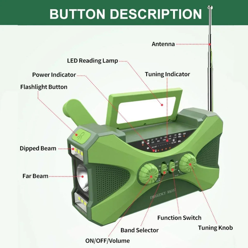 Solar Hand Crank Emergency Radio Green