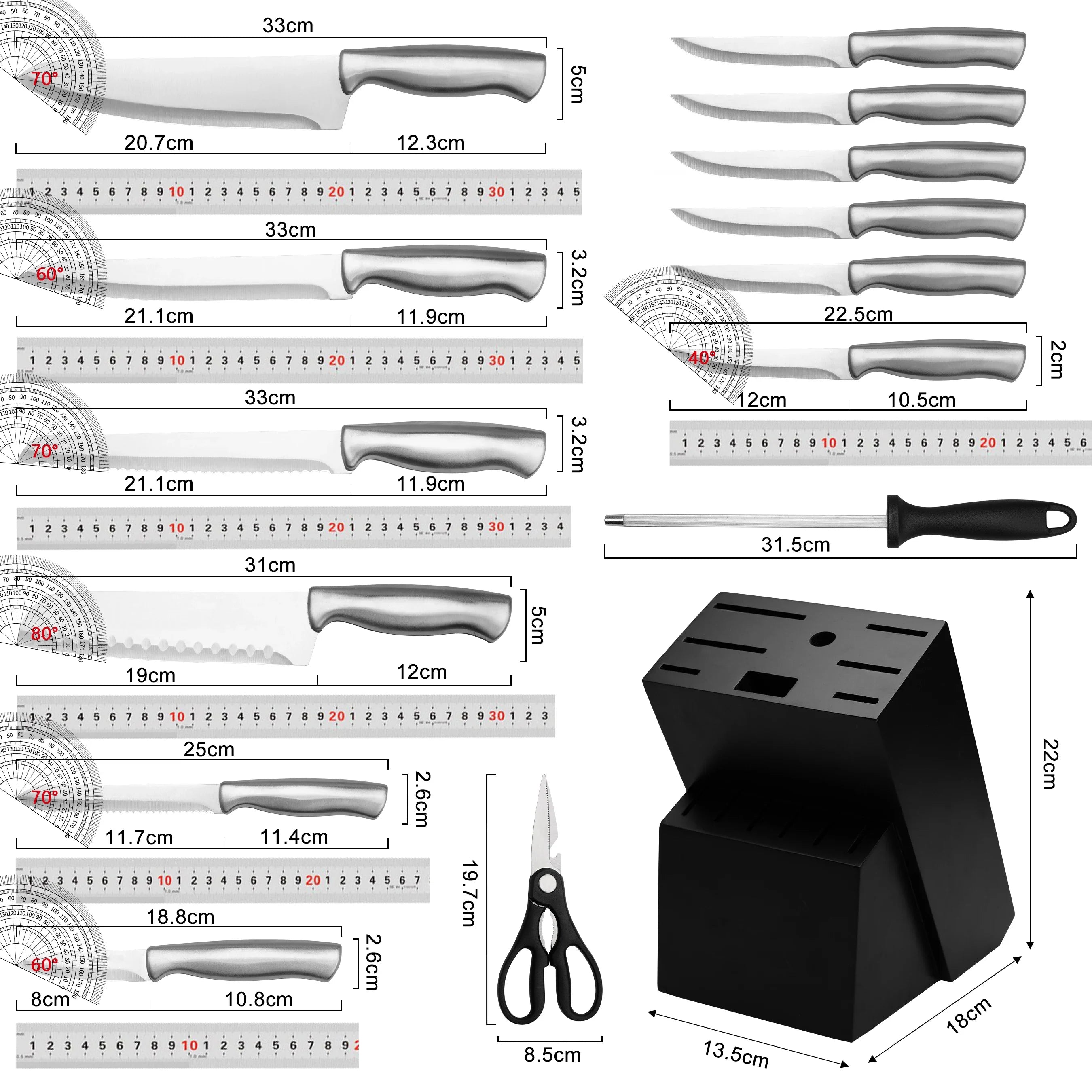 Stainless Steel Kitchen Knife Set With Block Sharpener Scissors