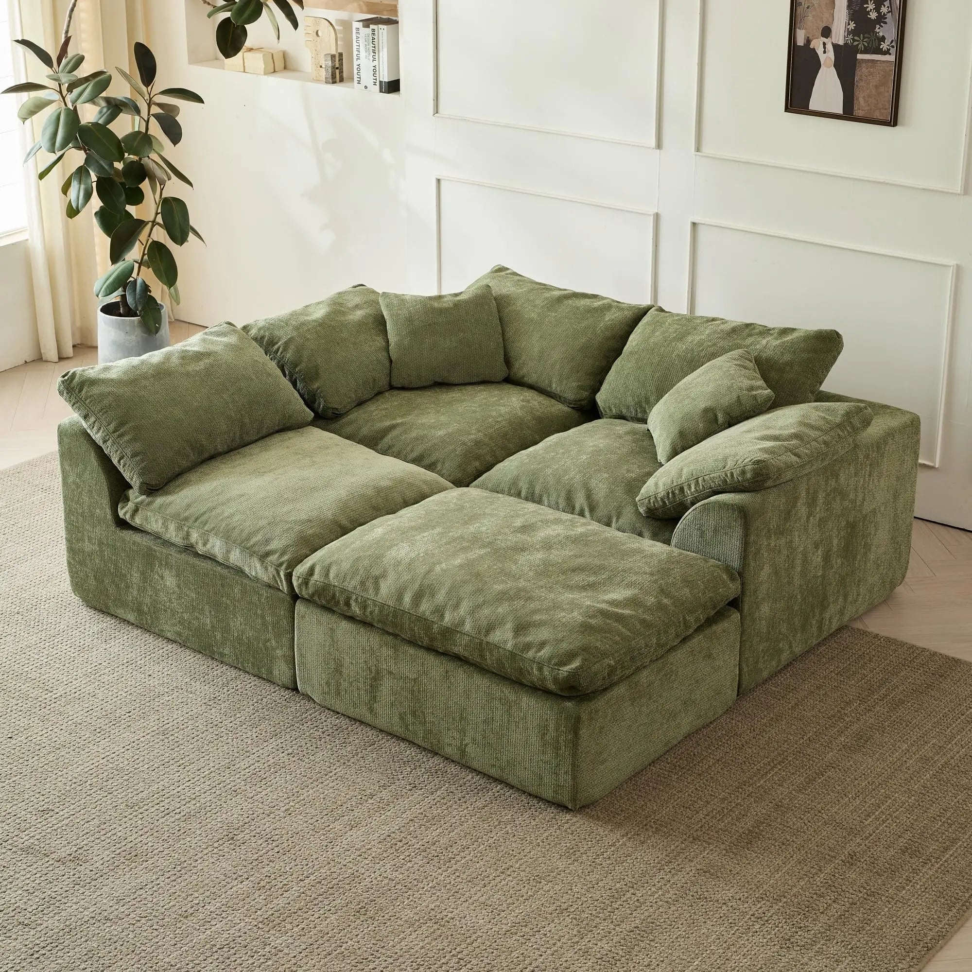 Yeflixvrau Modern Cloud L-Shaped Chenille Sectional Sofa With Ottoman