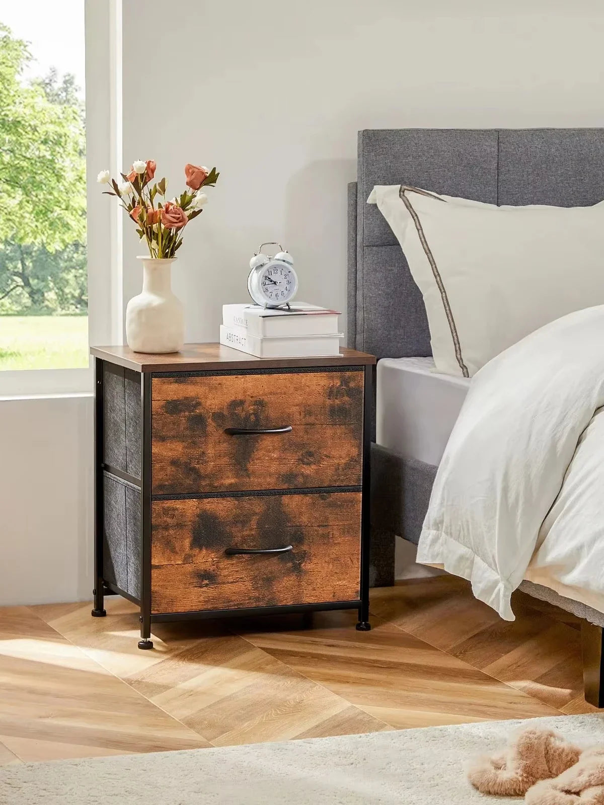 JHK Nightstand Bedside Table With Fabric Drawers And Storage