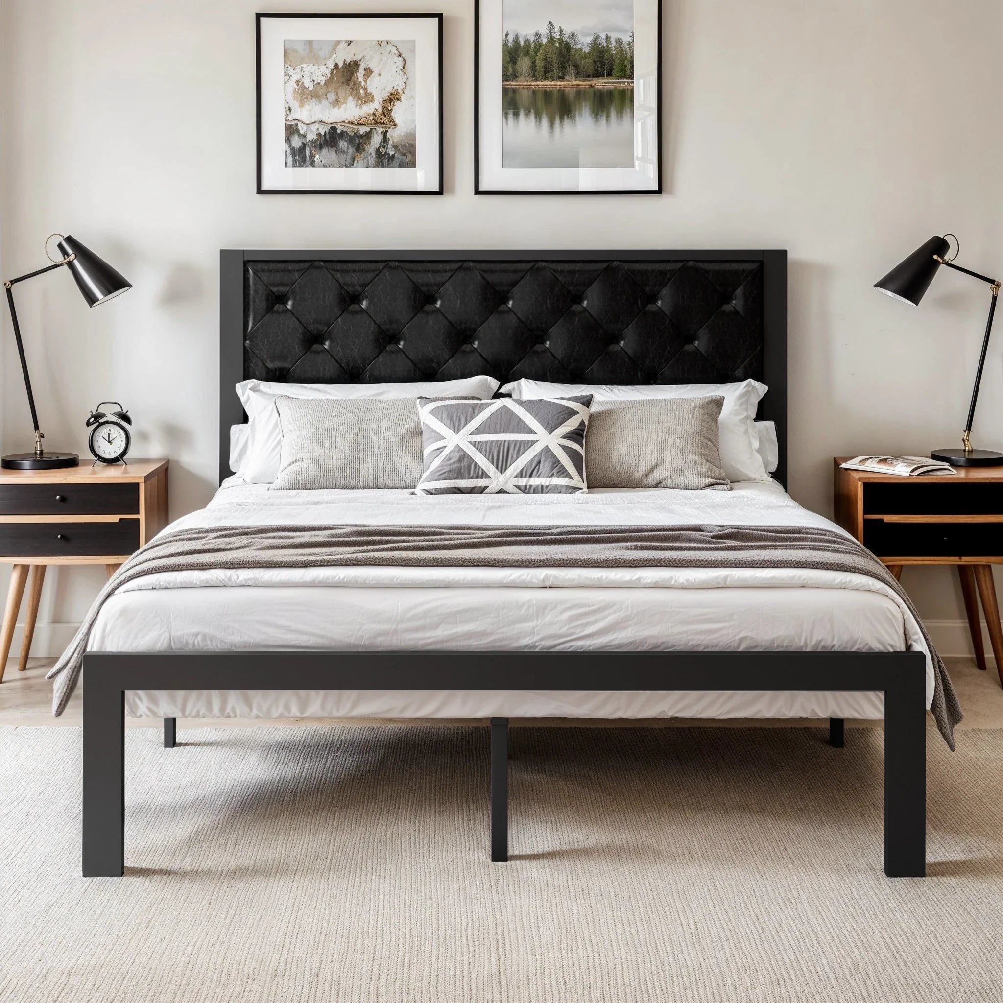 HOOMICH Metal Bed Frame With Upholstered Headboard Linen
