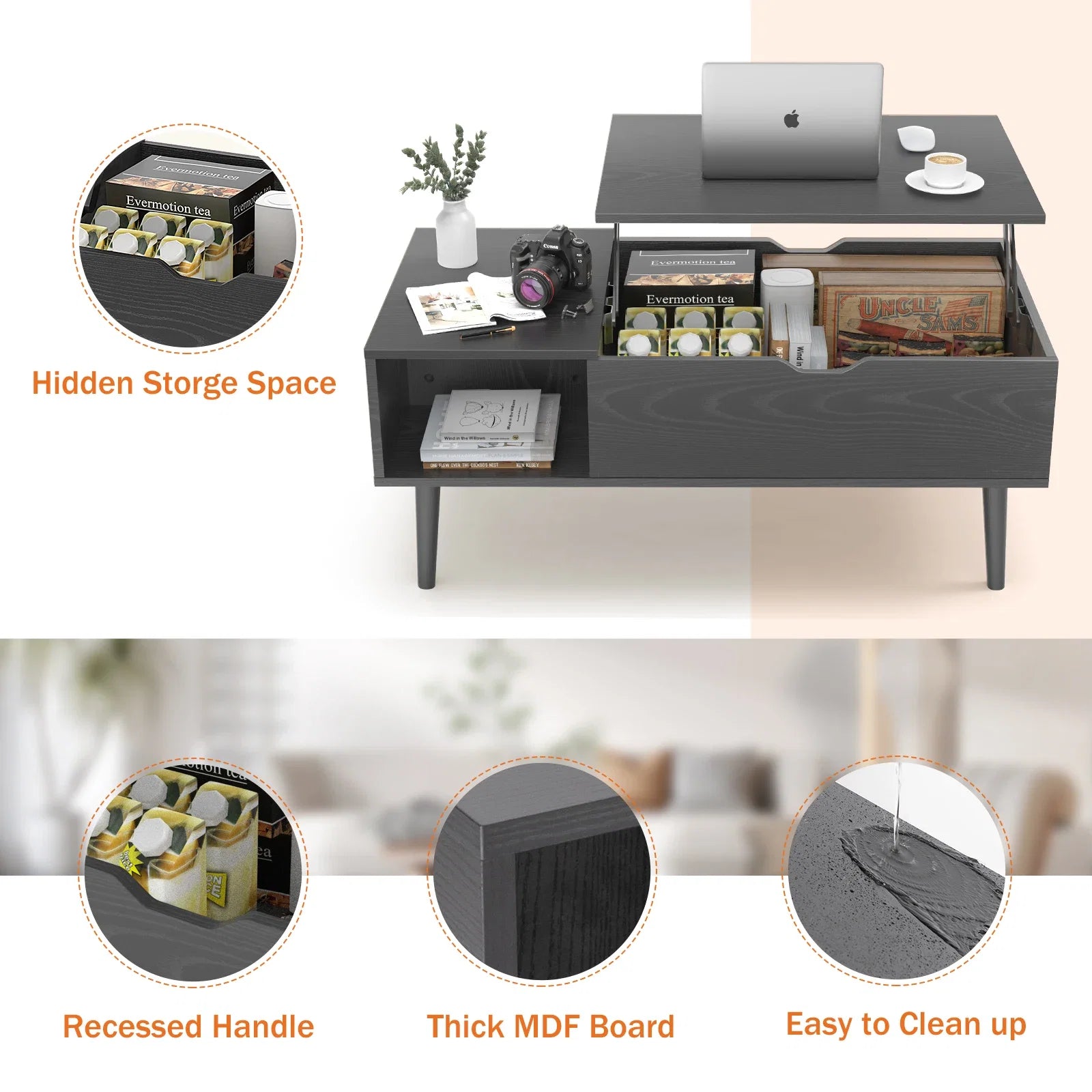 JHK Lift Top Coffee Table With Storage Modern Living Room
